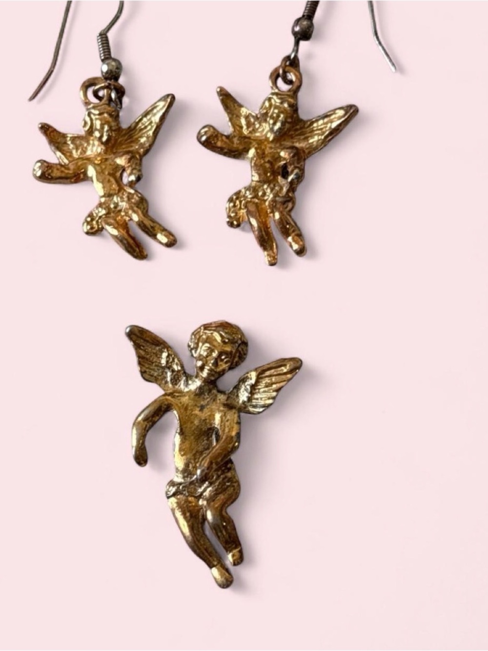 VTG 80s Gold Cherub Angel Earrings and brooch set